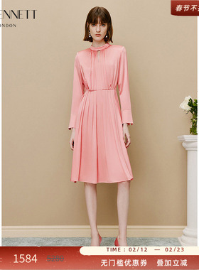 LK BENNETT粉色真丝连衣裙女新款春夏法式优雅长袖桑蚕丝礼服