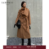 新款 BENNETT驼色绵羊毛双面呢大衣2025冬季 围巾领双排扣外套