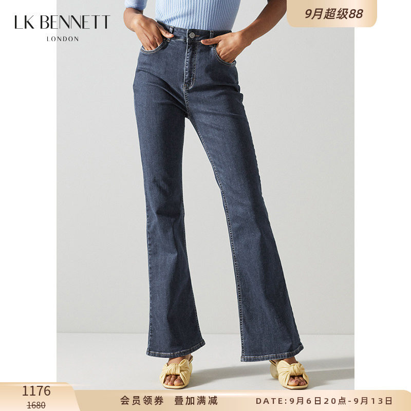 LK BENNETT深蓝牛仔裤女春高腰紧身喇叭裤长裤棉混纺微弹百搭通勤