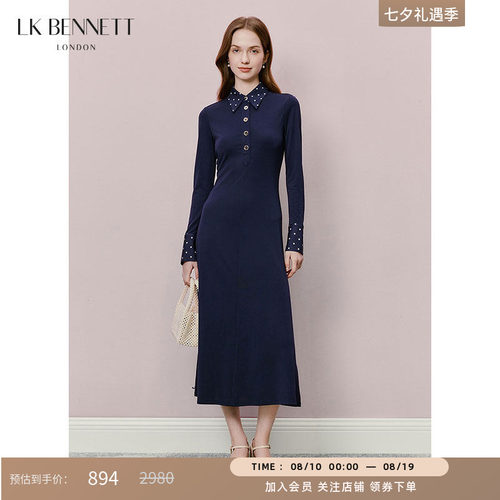 LK BENNETT深蓝色连衣裙春新款复古波点拼接POLO领修身长袖