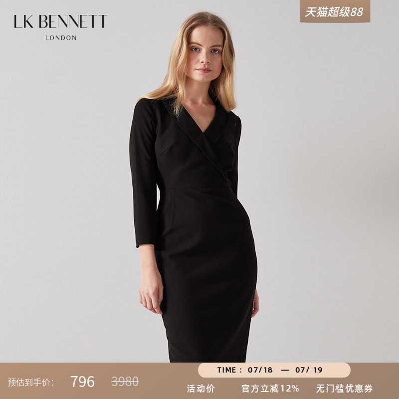 lkbennett黑色连衣裙女春秋长袖v领商务西装裙高级感通勤职场装