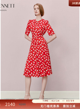 LK BENNETT红色印花真丝连衣裙女长款短袖收腰法式a字裙夏季