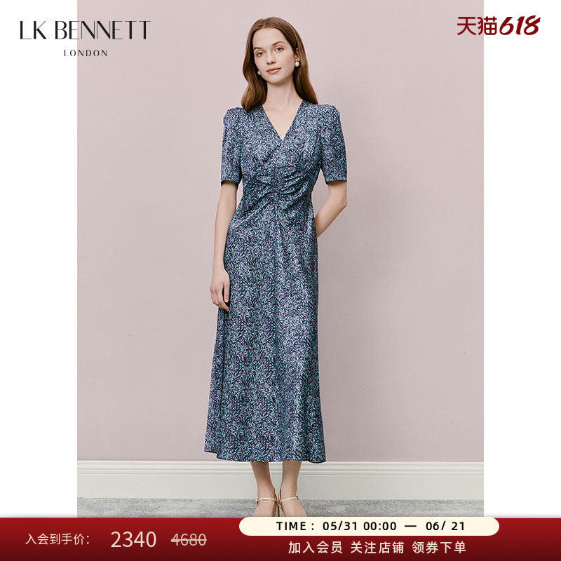 LK BENNETT深蓝色渐变印花连衣裙V领抽褶收腰法式复古桑蚕丝混纺
