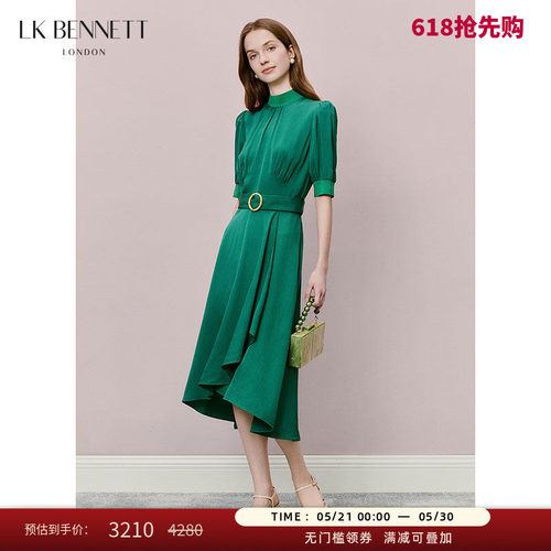 LK BENNETT绿色连衣裙夏新款立领泡泡袖收腰不规则裙摆中裙