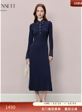 LK BENNETT深蓝色连衣裙2025年春新款复古波点拼接POLO领修身长袖