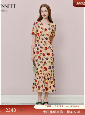 LK BENNETT印花鱼尾连衣裙2025年夏新款法式v领修身收腰显瘦长款