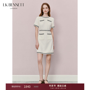 LK BENNETT白色小香风连衣裙2025年春夏新款撞色织带设计圆领短款