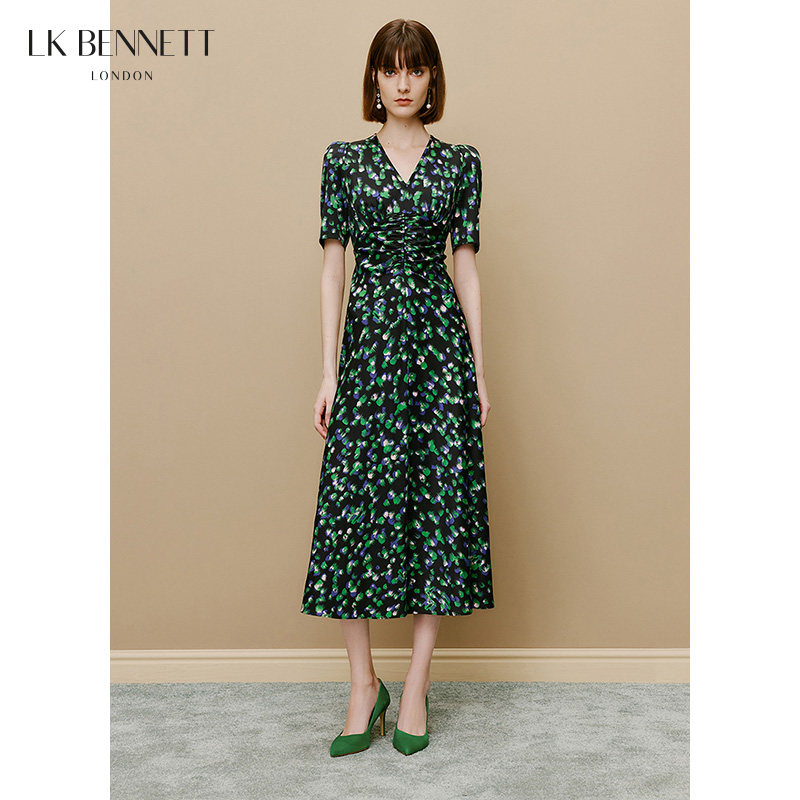 LK BENNETT绿色v领印花连衣裙法式抽褶收腰气质高级感桑蚕丝混纺