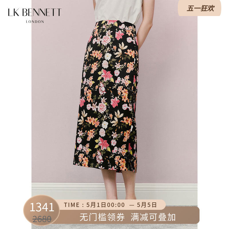 LK BENNETT黑色碎花半身裙女夏夏新款高腰带法式a字修身中长