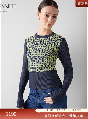 LK BENNETT深绿色针织衫女2025年秋季新款女圆领套头撞色logo印花