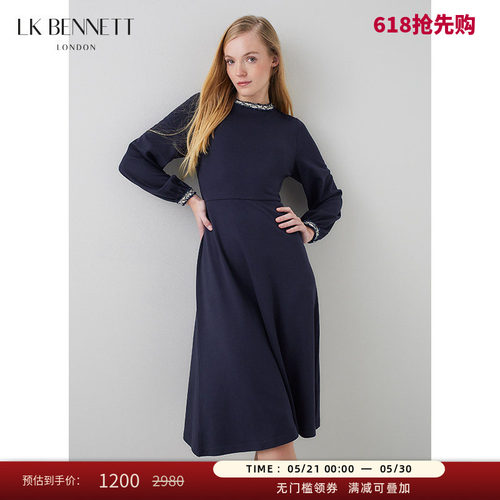LK BENNETT藏蓝气质连衣裙女春新款长袖收腰a字长裙通勤显瘦
