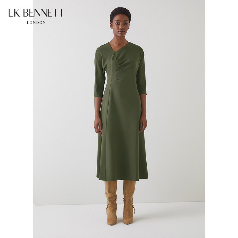 lkbennett深绿色连衣裙女2025年秋新款不规则领七分袖褶裥中长款