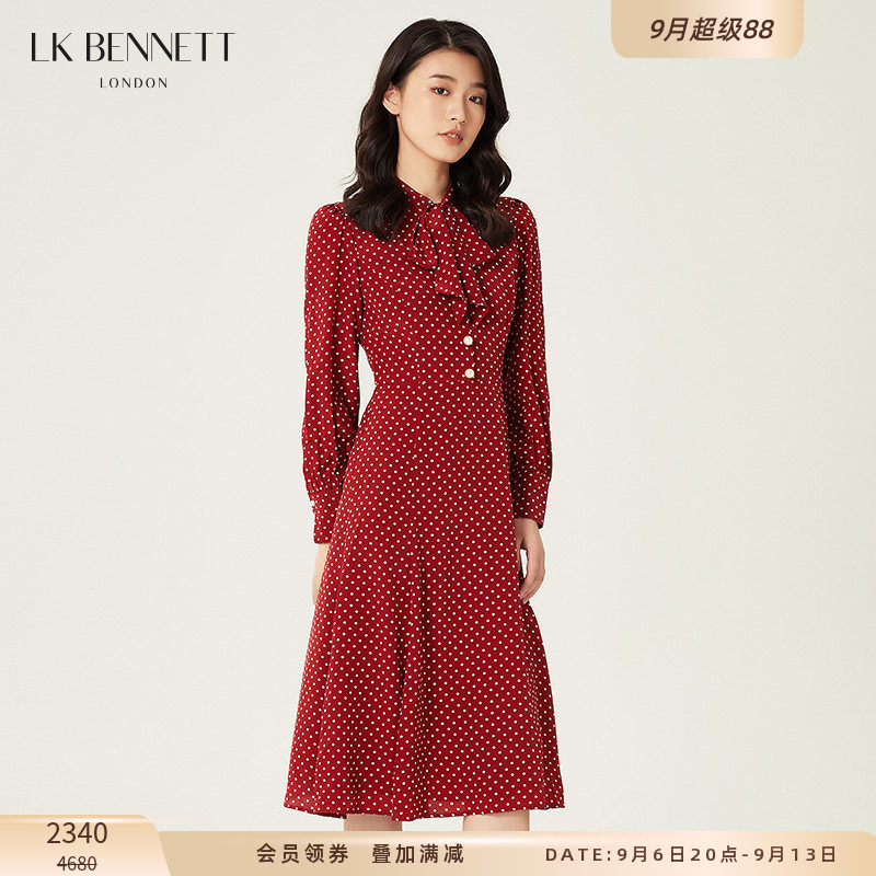 LK BENNETT酒红色波点真丝连衣裙女秋长袖蝴蝶结法式长裙桑蚕丝