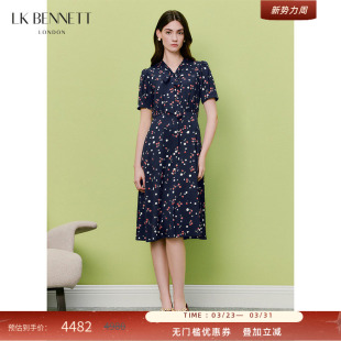 新桑蚕丝混纺飘带领收腰泡泡袖 BENNETT深蓝印花连衣裙2026夏季