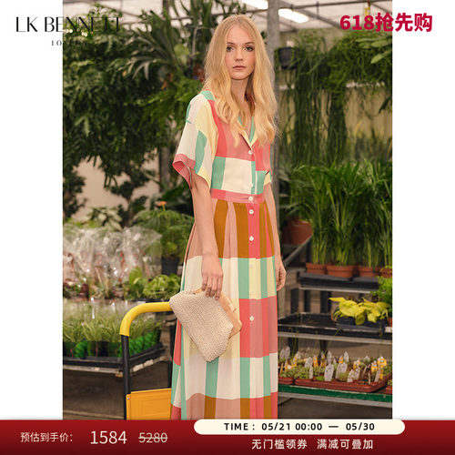LK BENNETT复古格子真丝连衣裙女夏新款短袖衬衫裙桑蚕丝长款
