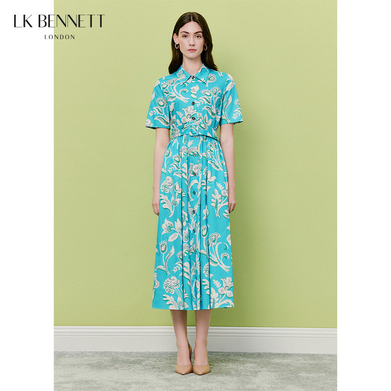 LK BENNETT蓝色纯棉连衣裙女2026夏季新款印花收腰系带翻领衬衫裙