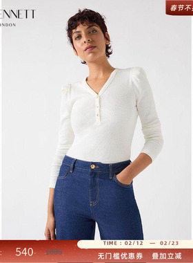 LK BENNETT白色V领长袖针织汗衫2025年春新款修身显瘦简约打底衫