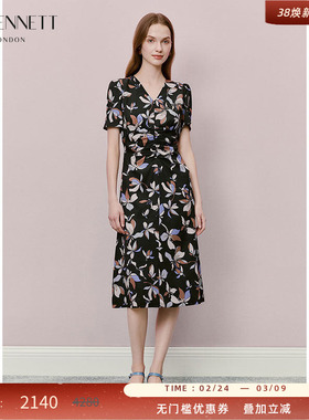 LK BENNETT黑色印花连衣裙2025年夏新款连衣裙碎花V领气质