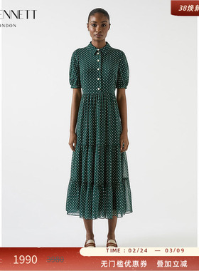 LK BENNETT深绿色波点连衣裙2025年夏季新款衬衫领气质优雅蛋糕裙