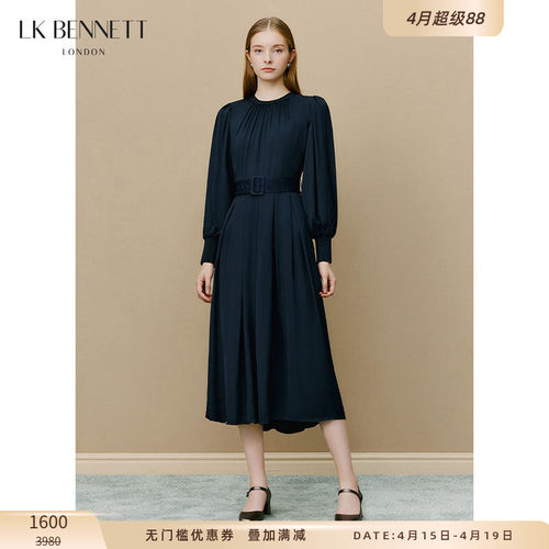 【胡杏儿同款】LK BENNETT深蓝色泡泡袖连衣裙腰带圆领收褶设计