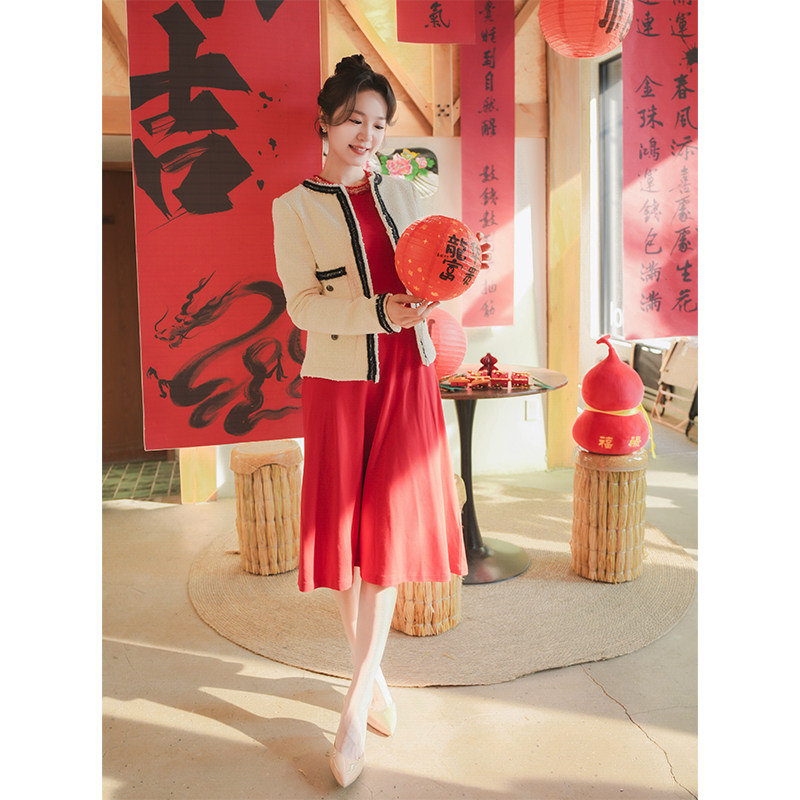 LK BENNETT红色连衣裙女春新款长袖收腰a字长裙显瘦气质订婚