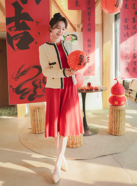 LK BENNETT红色连衣裙女春新款长袖收腰a字长裙显瘦气质订婚