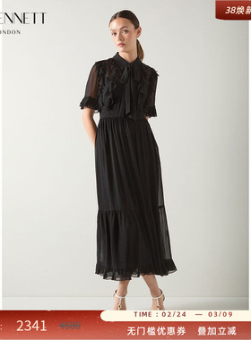 LK BENNETT黑色连衣裙2025年夏新款飘带衬衫领浪漫荷叶边飘逸长裙