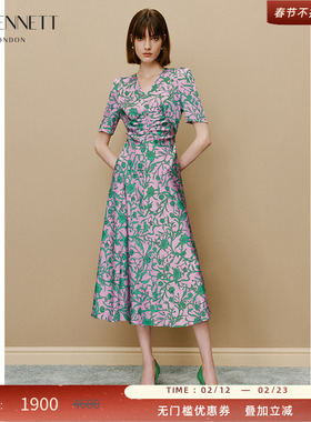 LK BENNETT紫色v领连衣裙女新款夏季褶皱印花短袖修身显瘦长裙