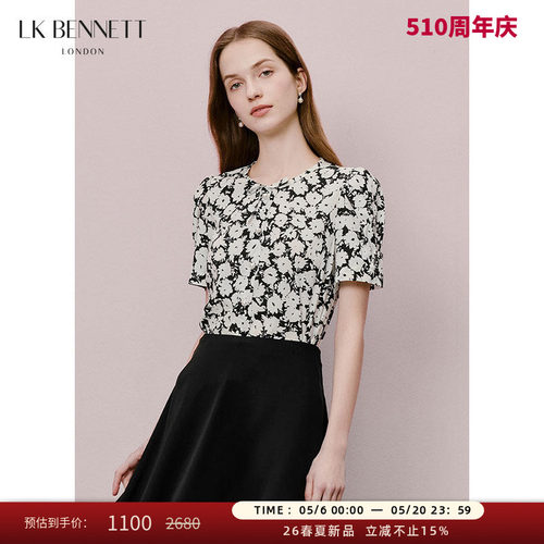 LK BENNETT黑色蝴蝶结上衣夏季新款圆领短袖法式优雅衬衫