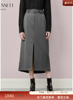 LK BENNETT灰色半身裙女2025年新腰带开衩通勤时尚中长款
