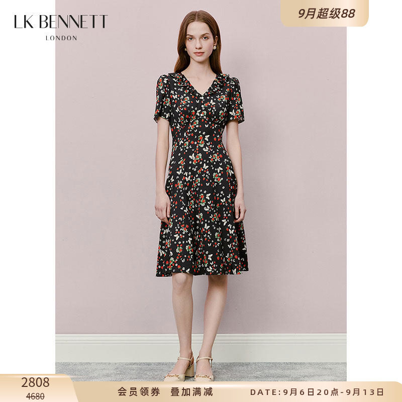 LK BENNETT黑色碎花连衣裙夏新款v领法式复古荷叶边真丝混纺印花