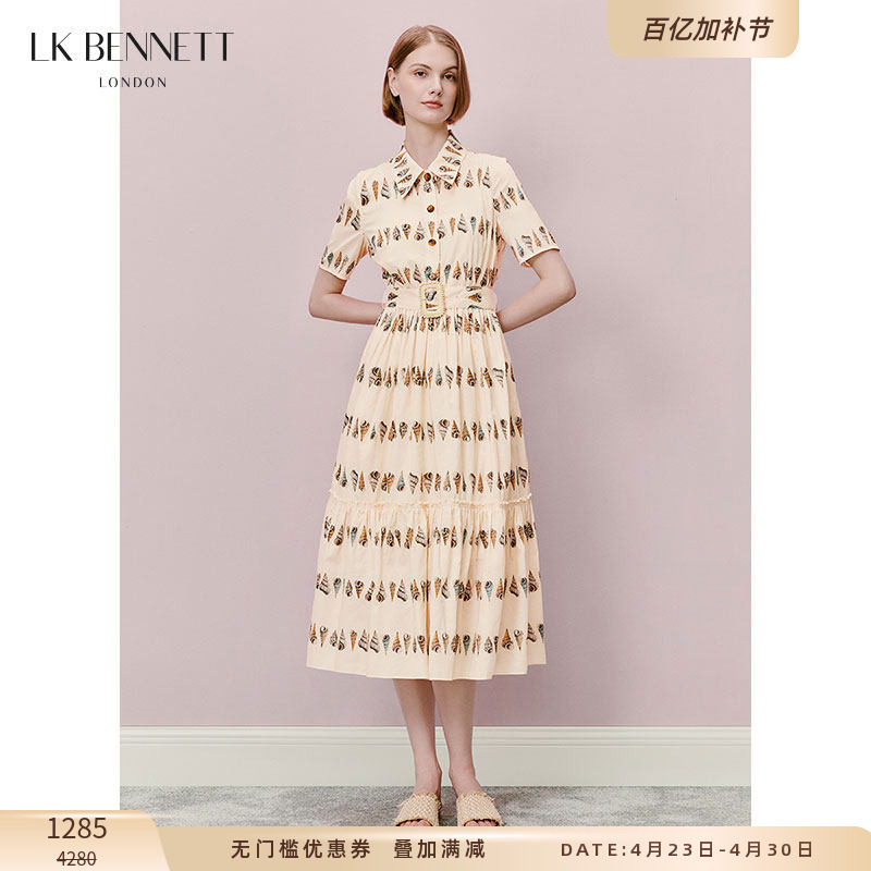 LK BENNETT米色衬衫领连衣裙新款贝壳印花束腰纯棉度假风衬衫裙