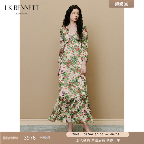 【朱珠同款】LK BENNETT高级感印花真丝连衣裙女夏新款v领长裙