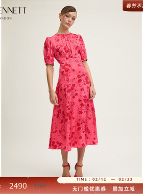 LK BENNETT粉色印花连衣裙2025年春夏新款优雅圆领法式泡泡袖长裙