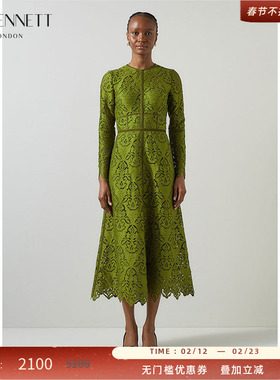 LK BENNETT绿色连衣裙女秋新款法式度假风雕孔镂空收腰显瘦