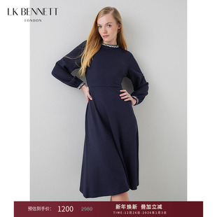 lkbennett藏蓝气质连衣裙女春新款 收腰a字长裙通勤显瘦 长袖
