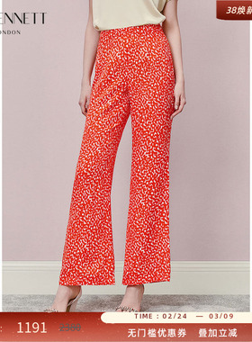 LK BENNETT红色印花长裤女2025夏季新款高腰直筒显瘦洋气长裤