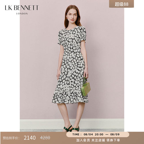 LK BENNETT黑色连衣裙夏新款圆领泡泡袖收腰显瘦荷叶边裙摆