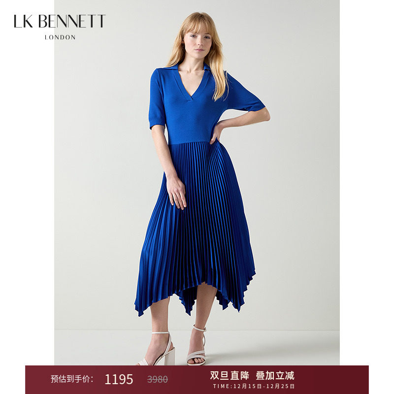 lkbennett蓝色连衣裙秋新款针织拼接百褶裙燕尾设计法式裙