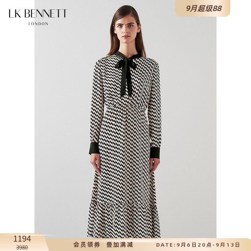 LK BENNETT黑色几何连衣裙新款春长袖蝴蝶结显瘦气质通勤长裙
