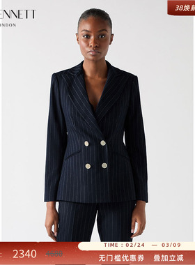 LK BENNETT深蓝色条纹西装女2025年春新款双排扣收腰高知风外套