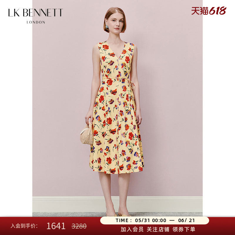 LK BENNETT淡黄色印花连衣裙春新款V领高级感印花无袖连衣