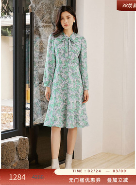 LK BENNETT松石绿色印花连衣裙秋新款领部蝴蝶结系带珠扣