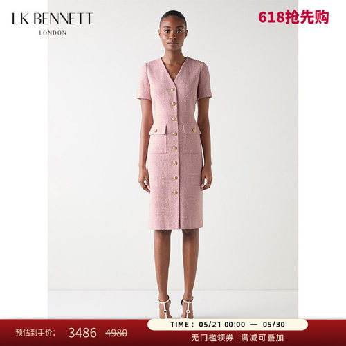 LK BENNETT粉色小香风短袖连衣裙秋季新款气质V领收腰显瘦