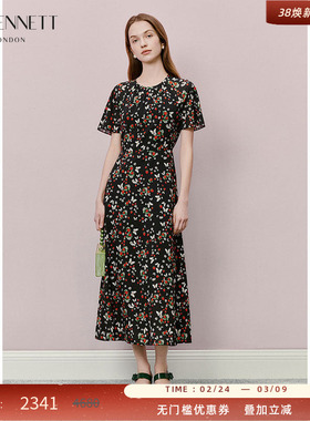 LK BENNETT黑色碎花连衣裙2025年夏新款圆领法式印花收腰清新长裙