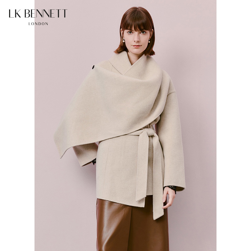 lkbennett米色羊毛大衣2025年冬新款时尚中长款围巾领毛呢外套