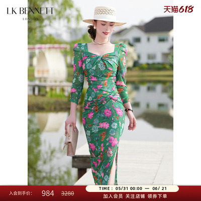 LK BENNETT绿色印花连衣裙夏新款弹力扭结设计钻石领长款