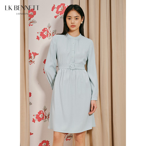 LK BENNETT灰蓝色醋酸长袖连衣裙女秋 新款圆领收腰短款小个子