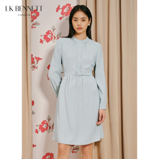 LK BENNETT灰蓝色醋酸长袖连衣裙女秋 新款圆领收腰短款小个子