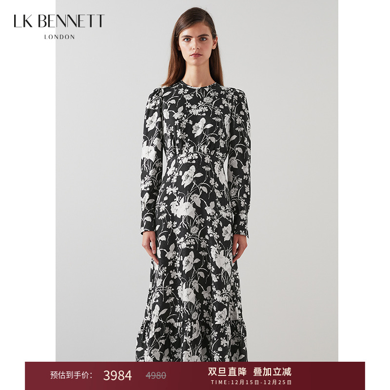 【朱珠同款】lkbennett黑色山茶花印花连衣裙桑蚕丝高级感长裙
